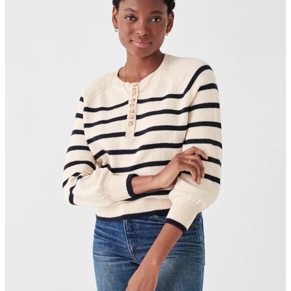 Faherty Cozy Cotton Henley Sweater Coastal Preppy Natural Navy Stripe - Medium - Picture 1 of 14